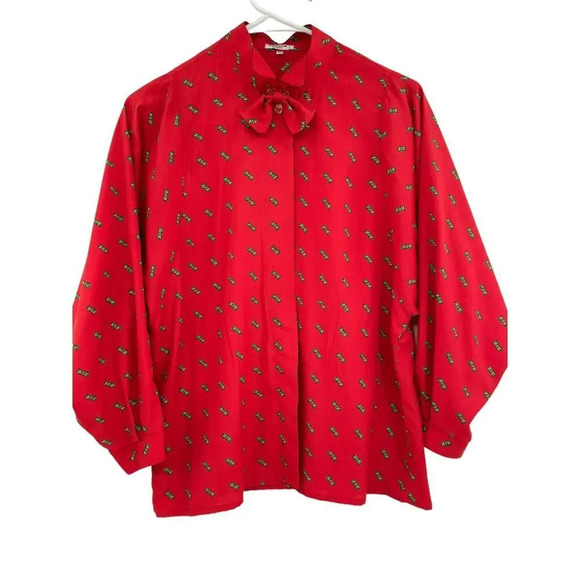 Vintage Rodier Paris Womens Blouse Bow Tie Red Batwing size 40 US 10 - Picture 2 of 12